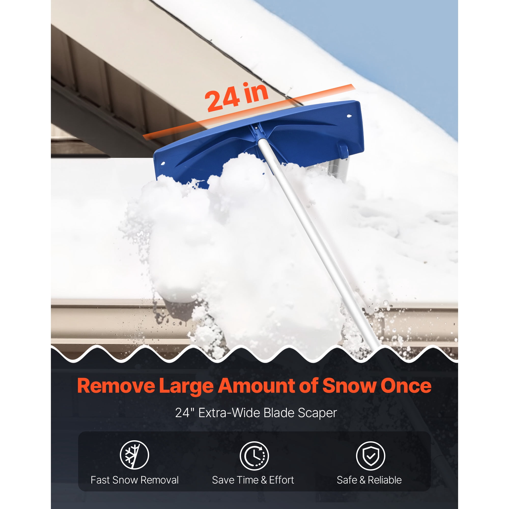 KFFKFF Adjustable Snow Roof Rake, 24-inch PP Blade, 3.8-18.2 ft Extendable Snow Scraper with Wheels, Anti-Slip Handle, Lightweight Tool for Clearing Roof Leaves and Debris