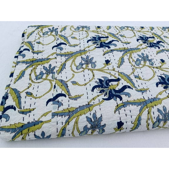 A And E Textiles House A And E Textiles House Floral Kantha Quilt Handblock Print floral Kantha Indian Netural Colour Indian inspired Bedding Hand Stitched Rural Quilted