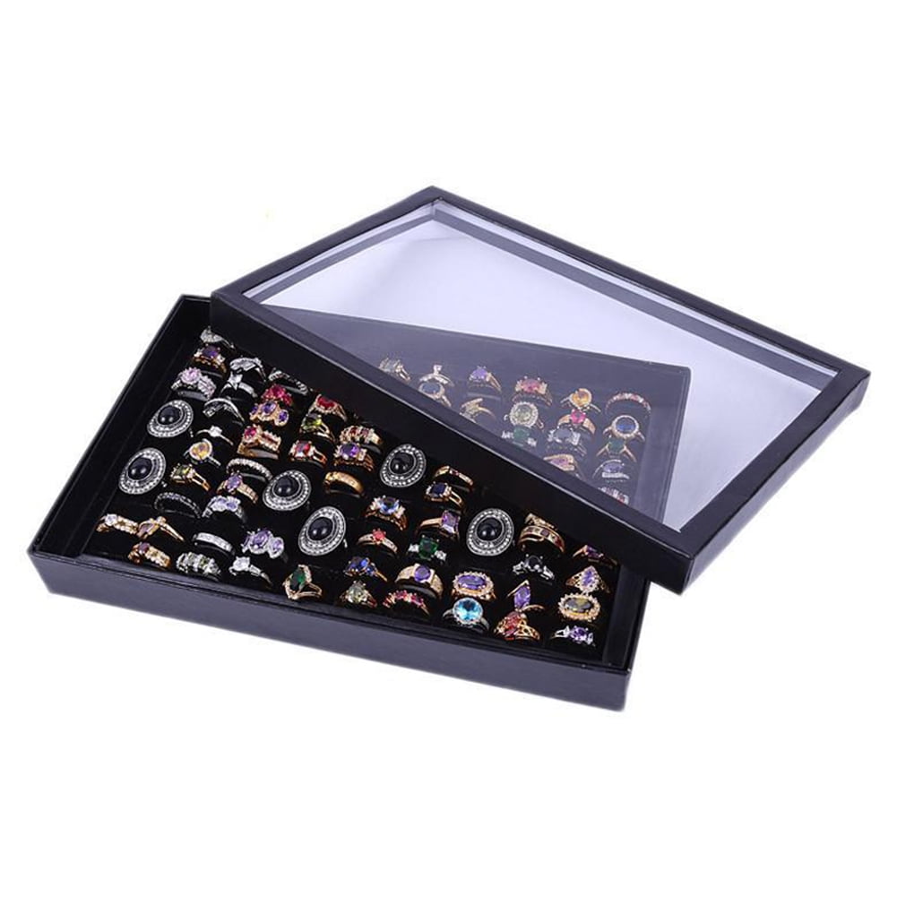 Jewelry Storage Box Organizer Glass Top Ring Display Case 36 Slot Tray Holder 