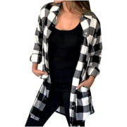 jsaierl Women's Button Down Flannel Shirts Plaid Shacket Long Sleeve Collared Tartan Long Jacket Coats