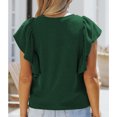 thumbnail image 4 of Tops con volantes para mujer, color puro, elegante, cuello redondo, tops de manga corta para citas, trabajo, verde oscuro S, 4 of 6