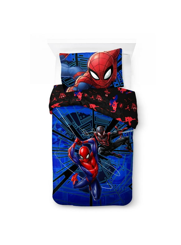 Spider-Man Kids 2-Piece Twin/Full Reversible Comforter and Pillowcase Bedding Set, Microfiber, Blue, Marvel