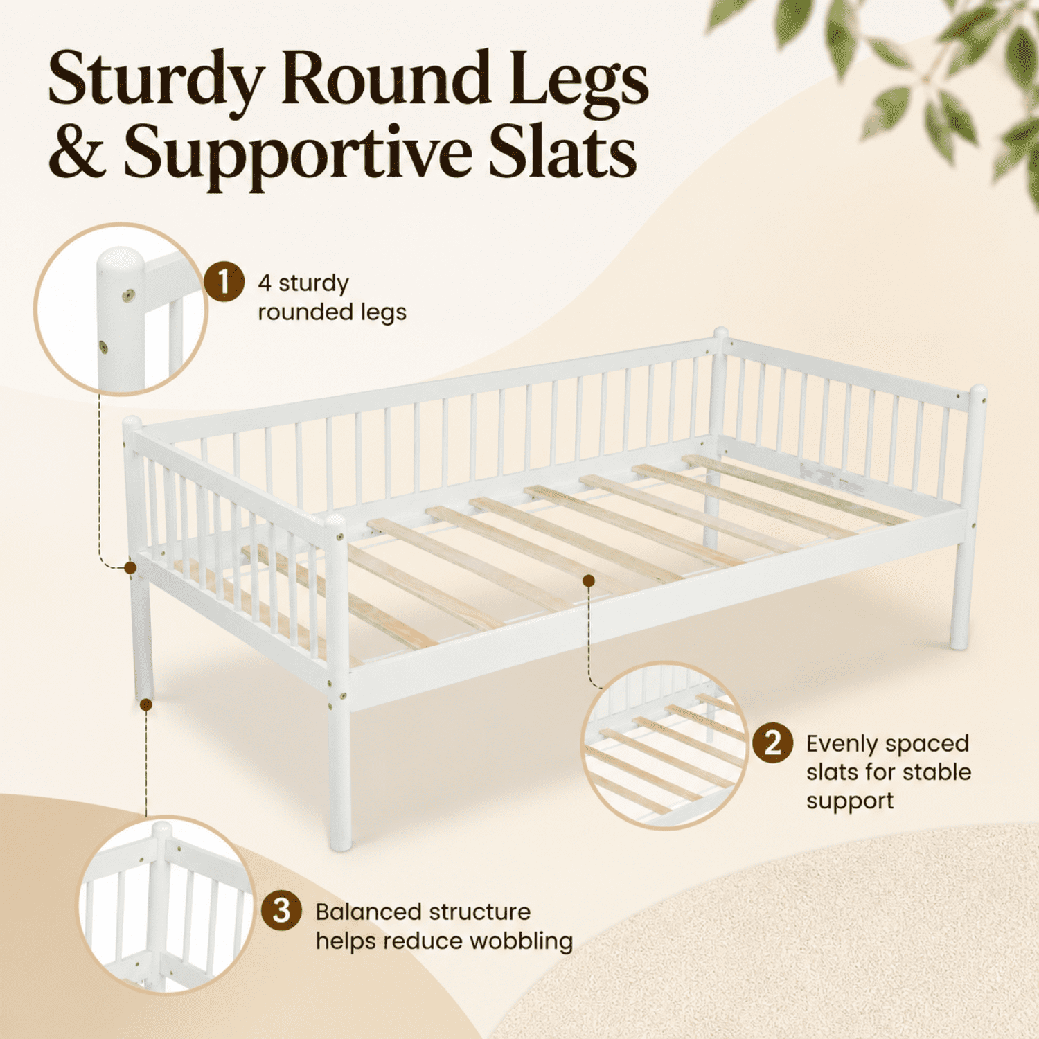 Miniyam Twin Wooden Daybed with Spindle Guardrails, Solid Pine Wood Bed Frame, White