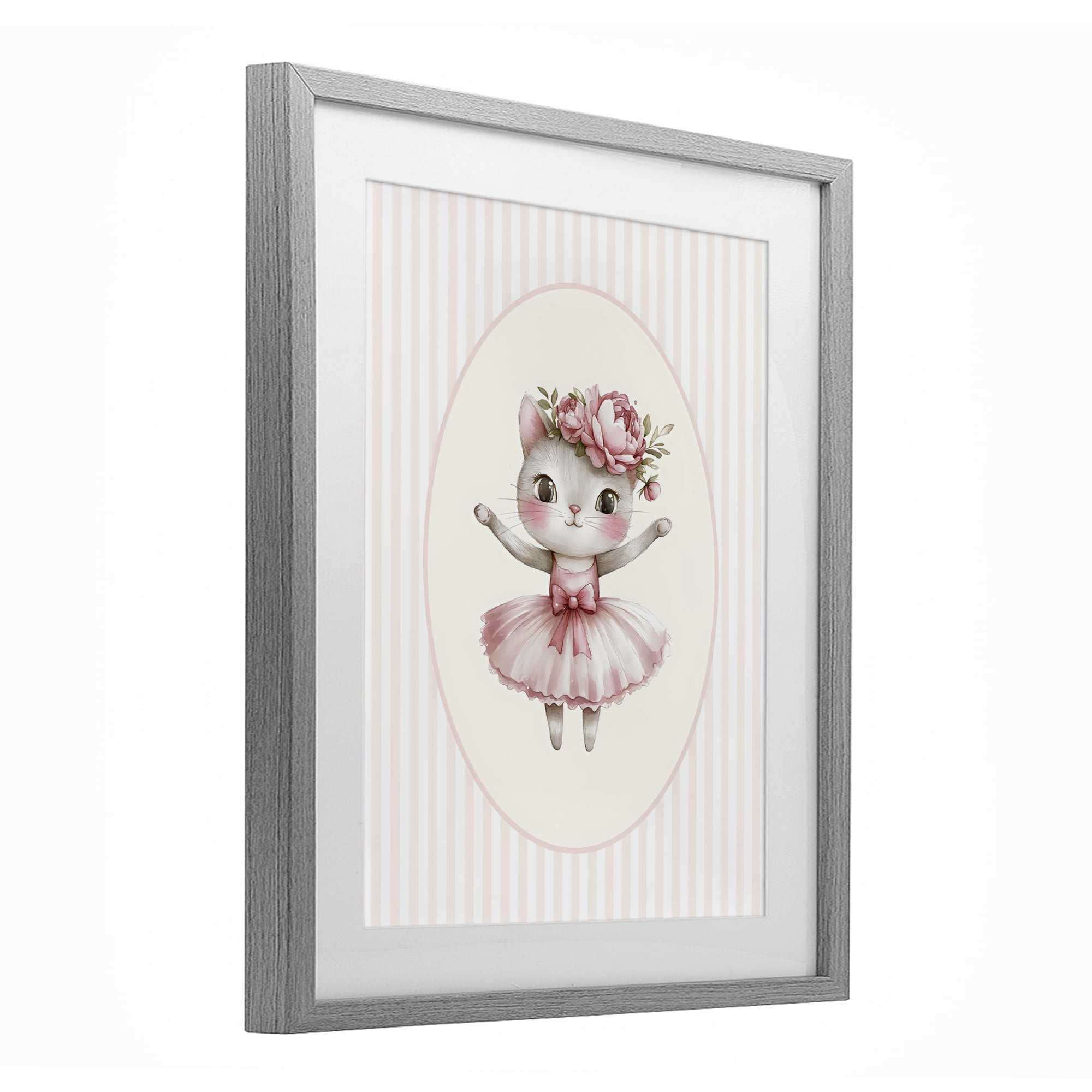 Stupell Industries Nursery Ballerina Cat Striped Gray Framed Print Under Glass, design by LSR Design Studio