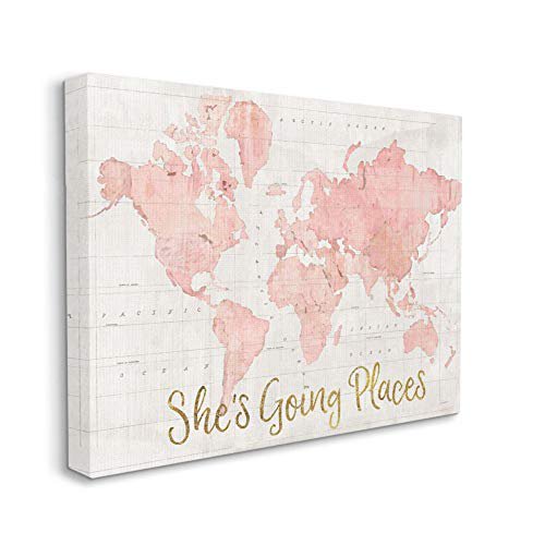Stupell Industries She's Going Places Quote Pink Watercolor World Map, 24 x 30 (ab-961_cn_24x30)