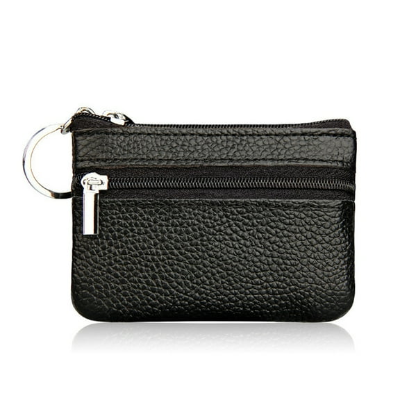Women's Genuine Leather Coin Purse Mini Pouch Change Wallet with Keychain - Black