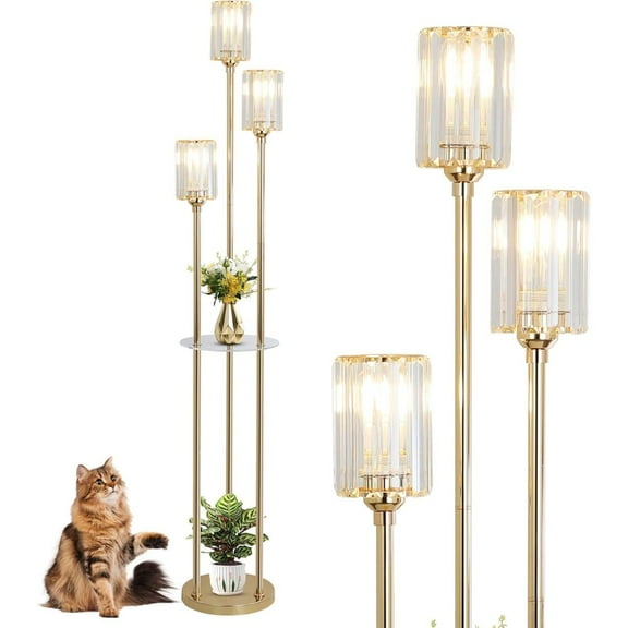 Gold Floor Lamps for Living Room, Modern Floor Lamp with Shelves, Crystal Standing Lamps with Table