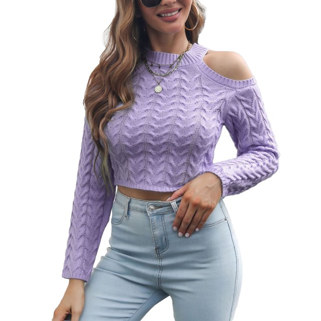 Suéter con costura en espiga para mujer, suéter recortado con hombros descubiertos, suéter de punto de manga larga para otoño e invierno, color morado claro M