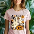 thumbnail image 5 of Halloween Goose with Ghosts and Pumpkin Cute Graphic T-Shirt, Heliconia, Size S, 5 of 6