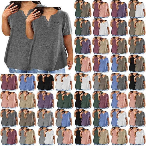 lcziwo Dollar Sales, Womens 2 Pack Plus Size Tops Spring Summer Short Sleeve Basic Tees Shirts Loose V Neck Pullover Solid Casual Tunic Blouse with Chest Pocket Coffee 4XL