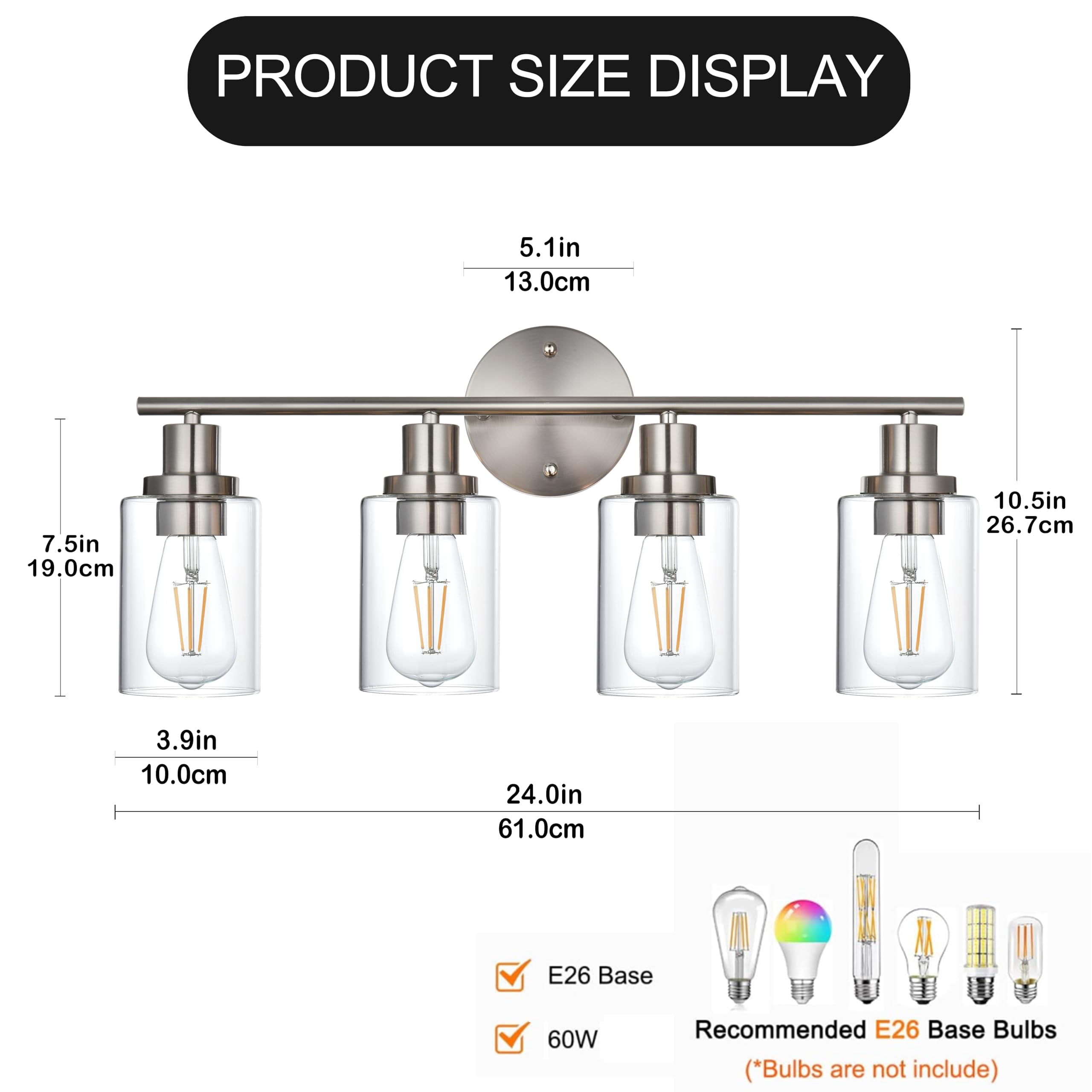 Melucee 4-light Vanity Light with Round Plate – Brushed Nickel Modern Bathroom Light Fixture, Dimmable Wall Sconce for Mirror, Bedroom, Makeup Area