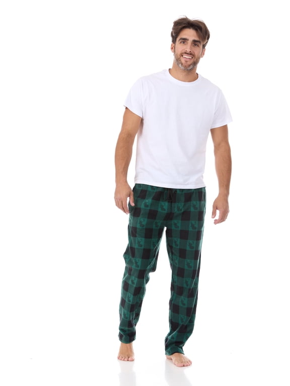 Men's Super Soft, Buffalo Plaid with Deer Head, Polar Fleece Lounge Pants-1233-Green-2XL