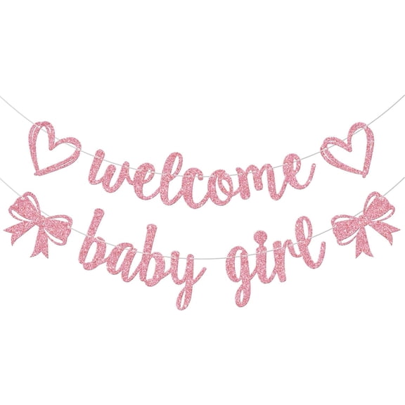 Welcome Baby Girl Banner, Girl Baby Shower Banner, Sweet Baby Girl Decor, Bow Themed Baby Shower Birthday Party Decorations, Pink Glitter