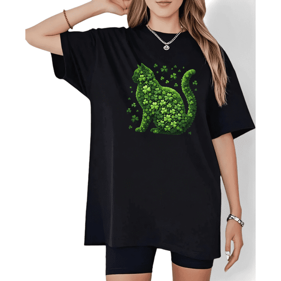 Black Print Tshirt Graphic Tees Shirts St Patrick Day Cat Clover Pattern Oversized Casual Daily Fashion Tops S-5XL