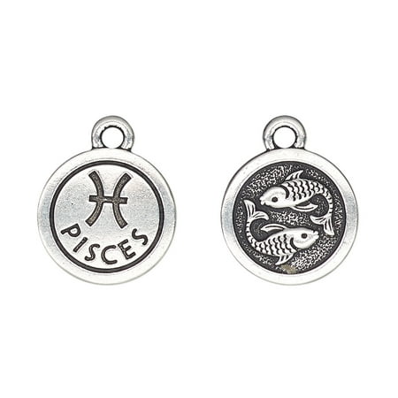 

Charm TierraCast antique silver-plated pewter (tin-based alloy) 15mm two-sided flat round with Pisces zodiac sign and symbol. Sold per pkg of 2.