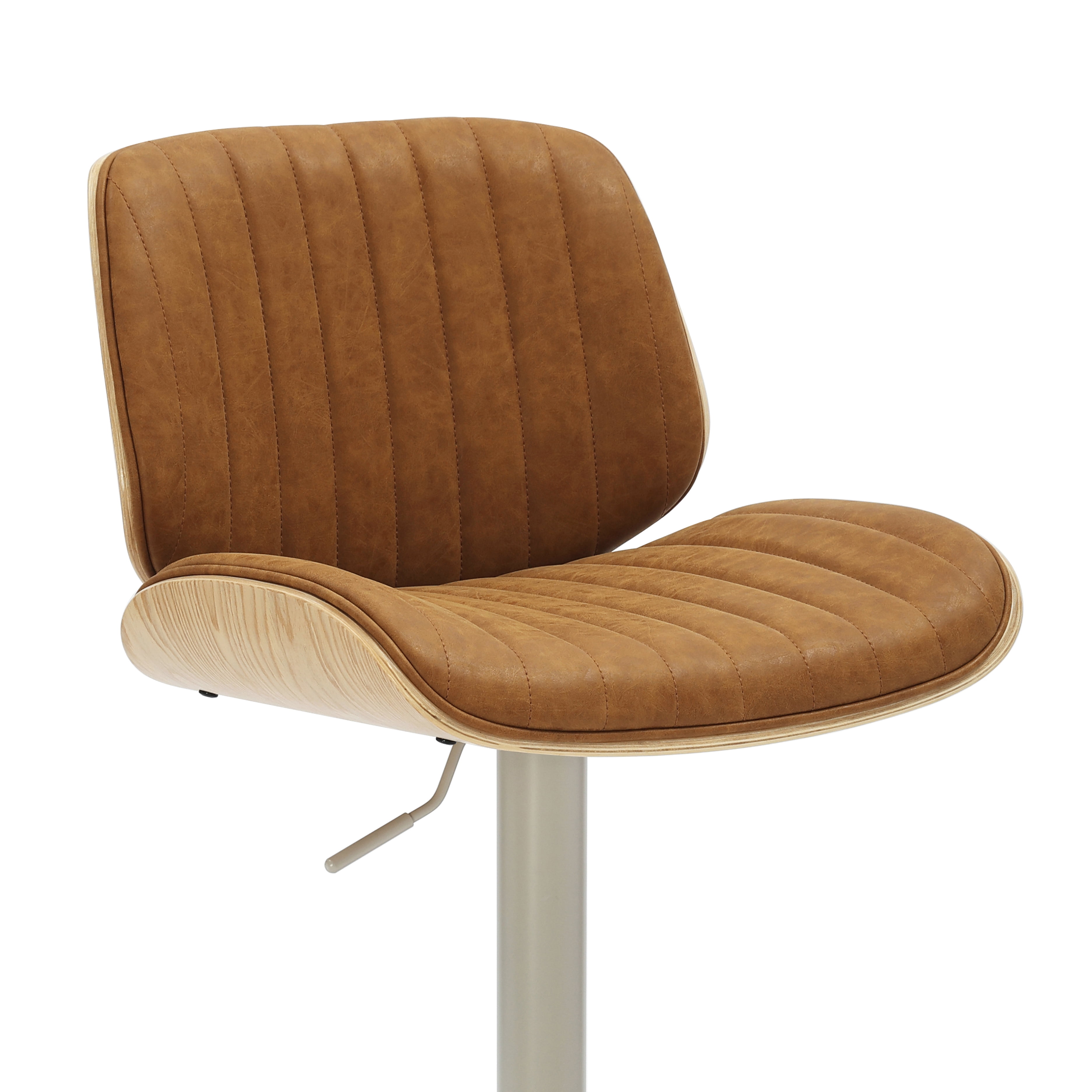 Brock Adjustable Swivel Camel Curved Back Wood Bar Stool with Faux Leather Seat