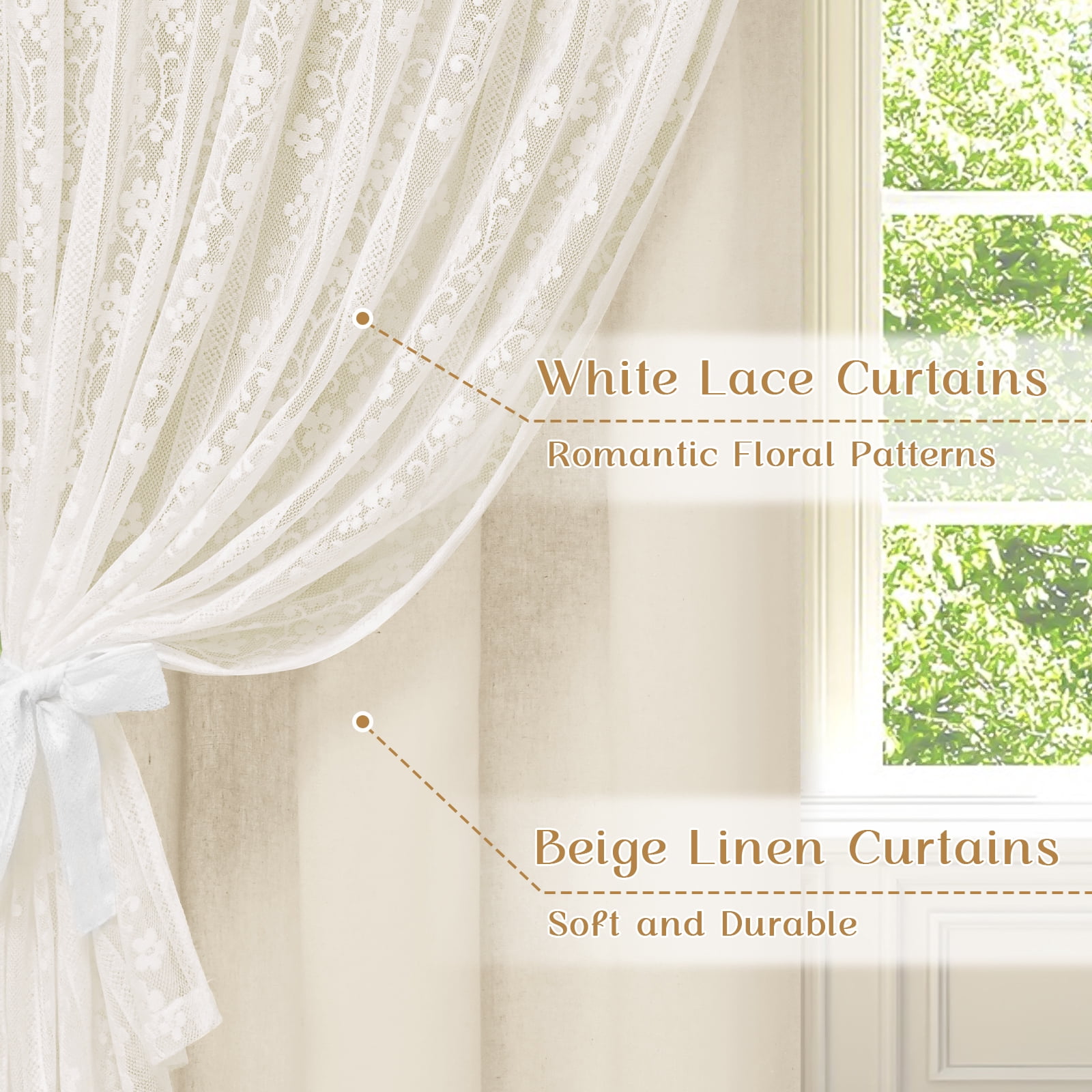 Alishomtll Beige Linen Curtains with Lace Sheer 84 Inches Long, Double Layer Light Filtering Window Drapes for Bedroom Living Room,W52 X L84,2 Panels