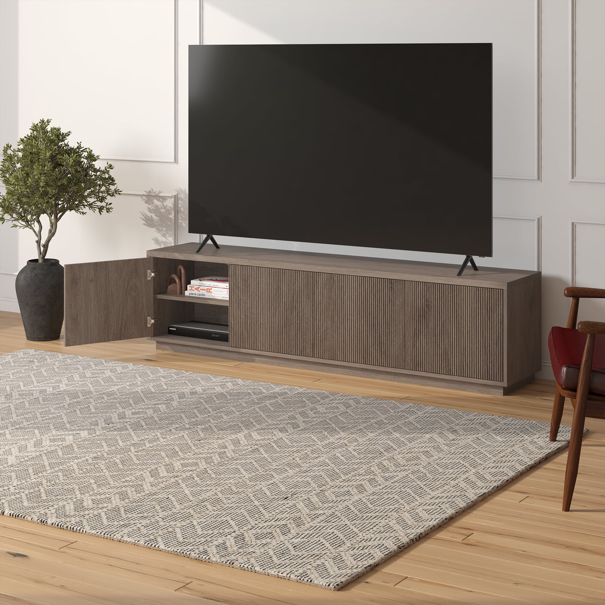 Hanson Rectangular TV Stand for TV's up to 85" in Antiqued Gray Oak
