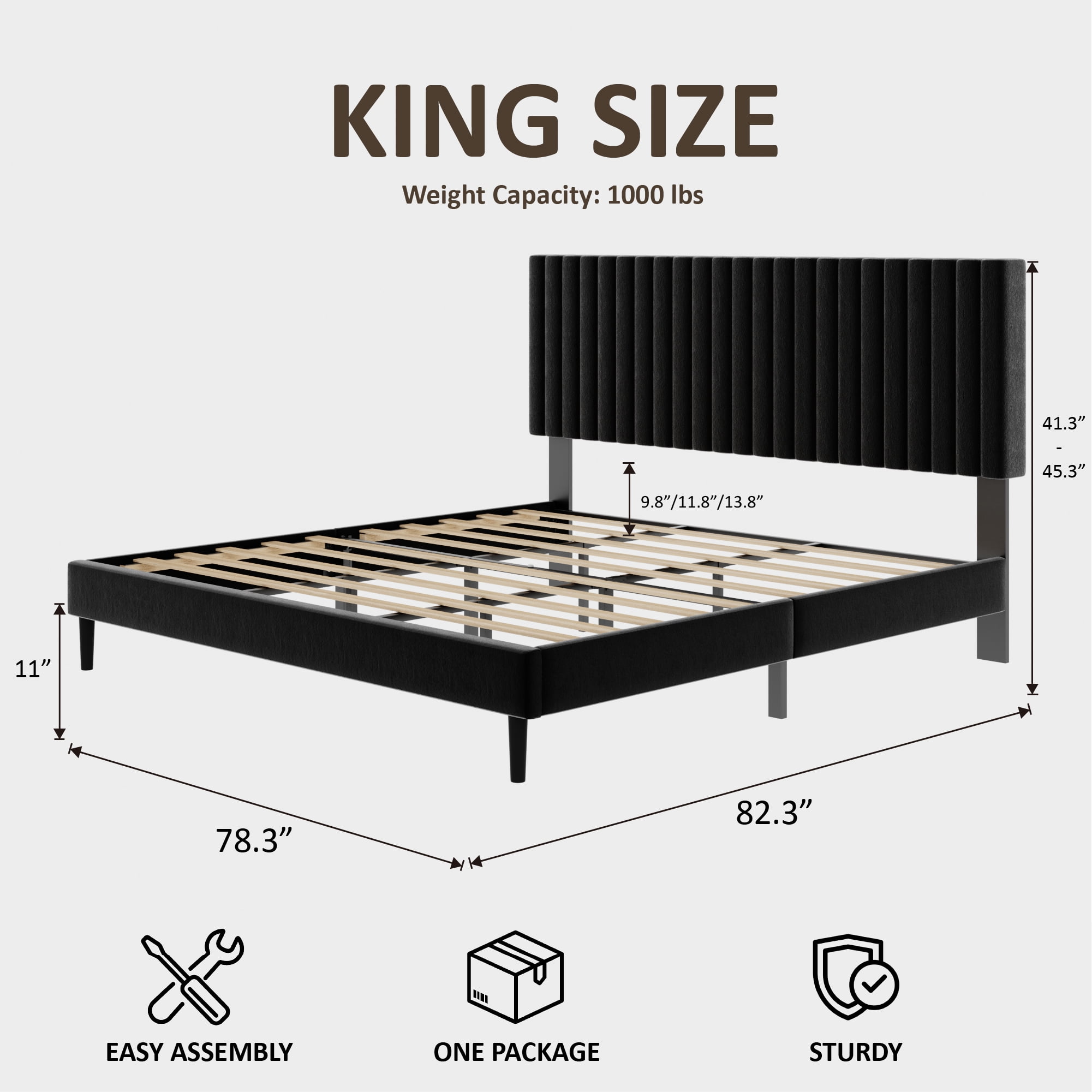 Miniyam King Upholstered Bed Frame with Adjustable Headboard, Platform Bed with Wood Slat Support, Black