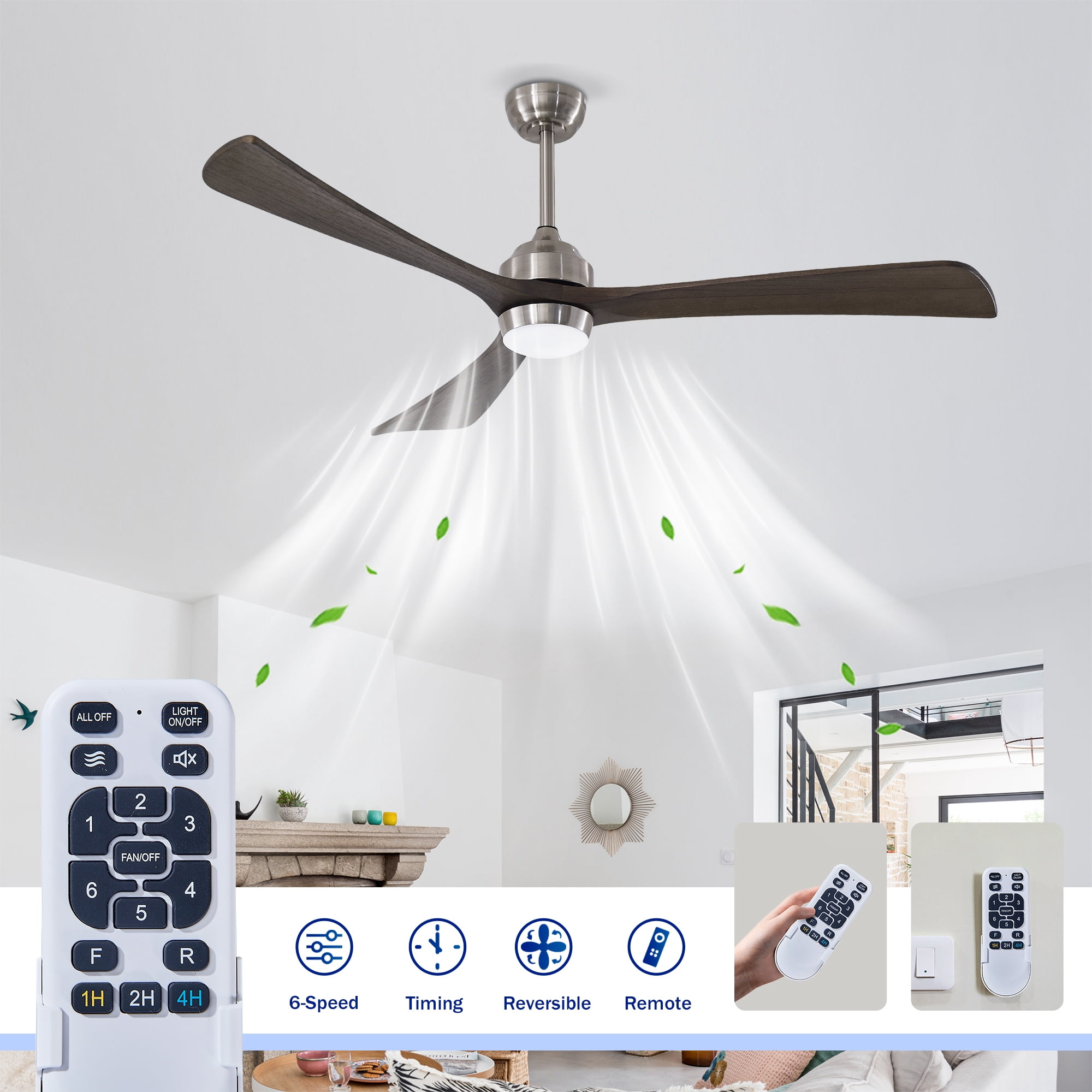 Leumius 62" Solid Wood Blades Ceiling Fan with Light and Remote Control,Quiet DC Motor 3 Blade Ceiling Fans 6 Speed Levels,Reversible for Patio Living Room Bedroom Office Black Nickel