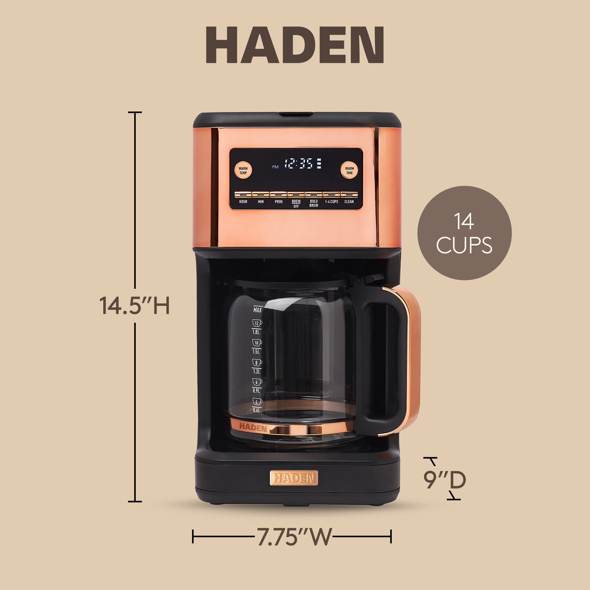 Haden Generous Brew 14 Cup Programmable Digital Coffee Maker, Black/Copper