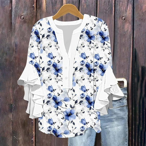 Tops for Women under $5 3/4 Lace Sleeve V-neck Button Casual Print Loose Top Multicolor M