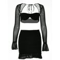 thumbnail image 4 of Gureui Women's Sexy 2Pcs Outfit Backless Long Sleeve Sheer Mesh Crop Tops and Bodycon Ruched Mini Ruffle Skirt Set, 4 of 7