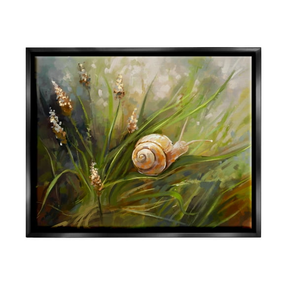 Stupell Industries Snail on Greenery Painting Animals & Insects Painting Black Floater Framed Canvas Art Print Wall Art, 21 x 17