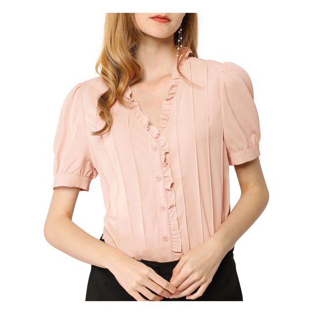 INSPIRE CHIC Women's Ruffle V Neck Puff Sleeve Blouse Button up Casual Tops
