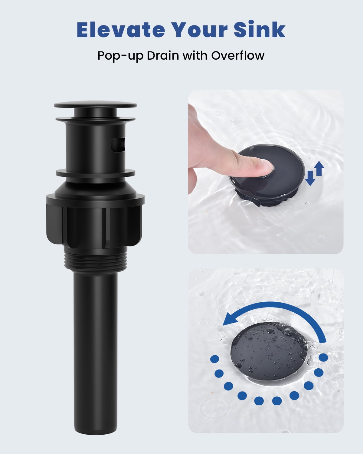 DAYONE Matte Black Single Handle Bathroom Sink Faucet, 1 Hole Waterfall Bathroom Faucets with Pop Up Drain, Single Hole Mixer Tap Includes Optional 6-inch Squre Deckplate Stainless Steel