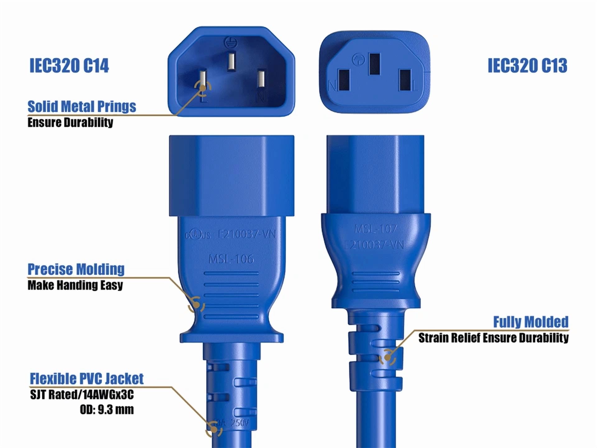 BUTTERFLY- Cable Leader 2Ft C13 To C14 Heavy-Duty Power Extension Cord 14 Awg 15A Blue