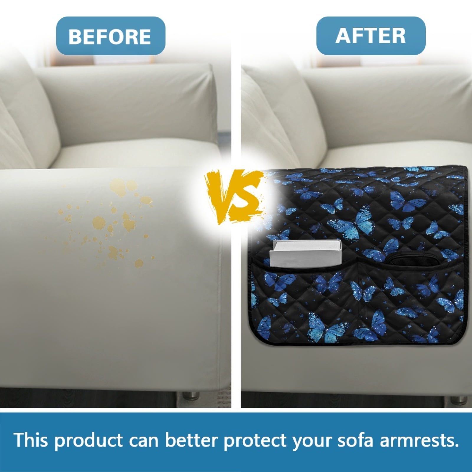 TSOVTHRID Blue Butterfly Glitter Print Sofa Armrest Cover Washable Armchair Slipcovers with Side Storage Pocket Couch Arm Protector Non-Slip Chair Arm Covers