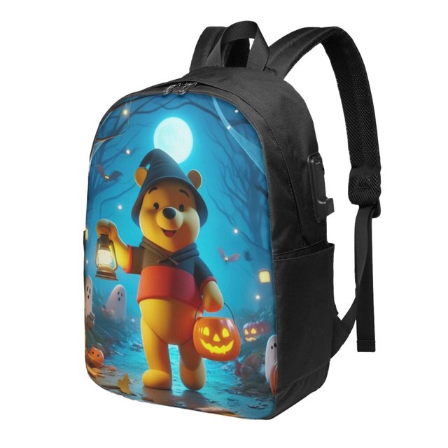 Mochila de viaje para portátil con diseño de Winnie The Pooh Light Flight, antirrobo con puerto de carga USB, mochila universitaria, gran capacidad para el trabajo, color negro, 17 pulgadas