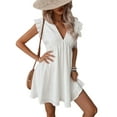 thumbnail image 2 of Women'S Summer Casual Babydoll Mini Dress Ruffle Sleeveless Deep V Neck High Waist Swing Tunic Dress White L, 2 of 8