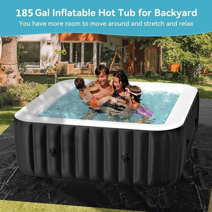 Outdoor Inflatable Hot Tub Spa for 4 Person, Square 185 Gallon Air Jet Hot Tub with 110 Bubble Jets, Pool Heater, Insulated Cover and Filters, Portable Hot Tubs for Patio, Backyard