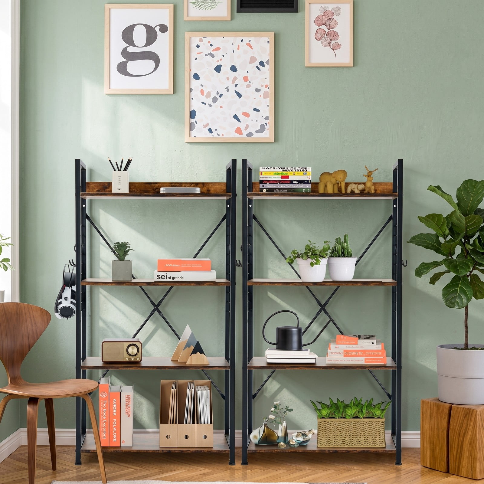 Furnibear 4-Tier Industrial Open Storage Bookshelf, Freestanding Wood Steel Bookcase Display Shelf with S-Hooks & Anti-Toppling Device for Living Room Office, Coffee