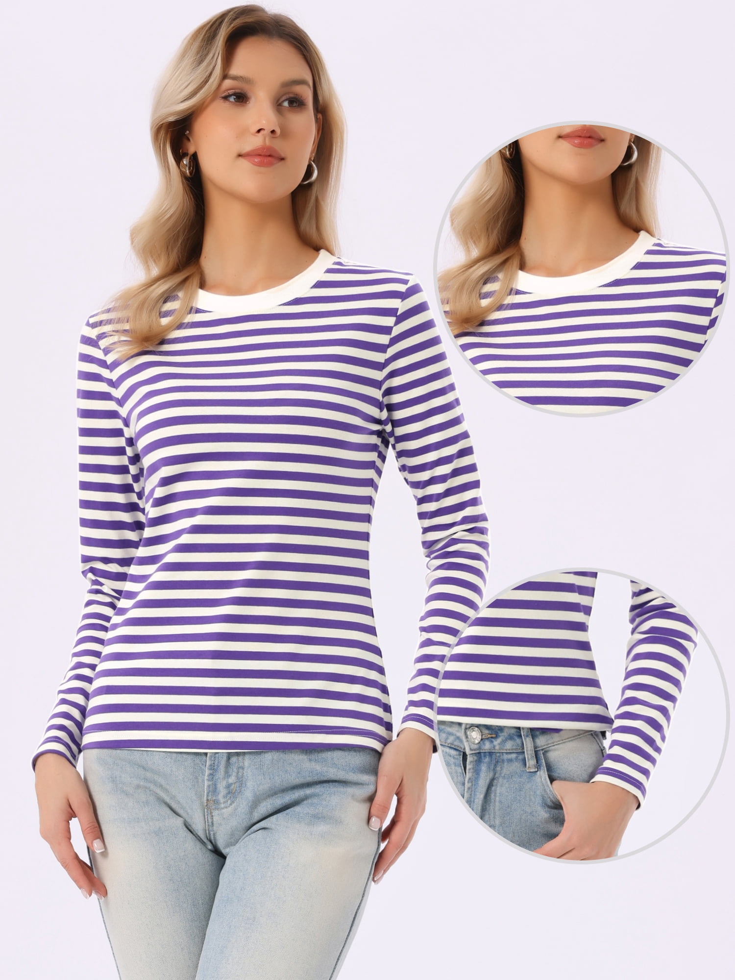 DARING DIVA Women's Striped Long Sleeve Cotton Crew Neck Tees XL Deep Purple Stripe