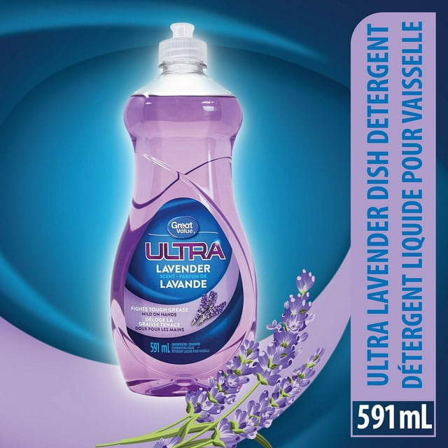 Bottle of Great Value Ultra Lavender scented concentrated dishwashing liquid, 591 mL, shown with lavender sprigs