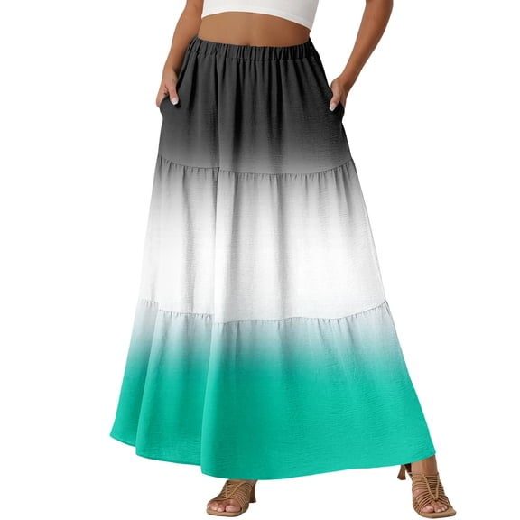 LWavelet Women Ombre Tiered Maxi Skirt Elastic High Waist With Pockets Casual Long Skirt White XL