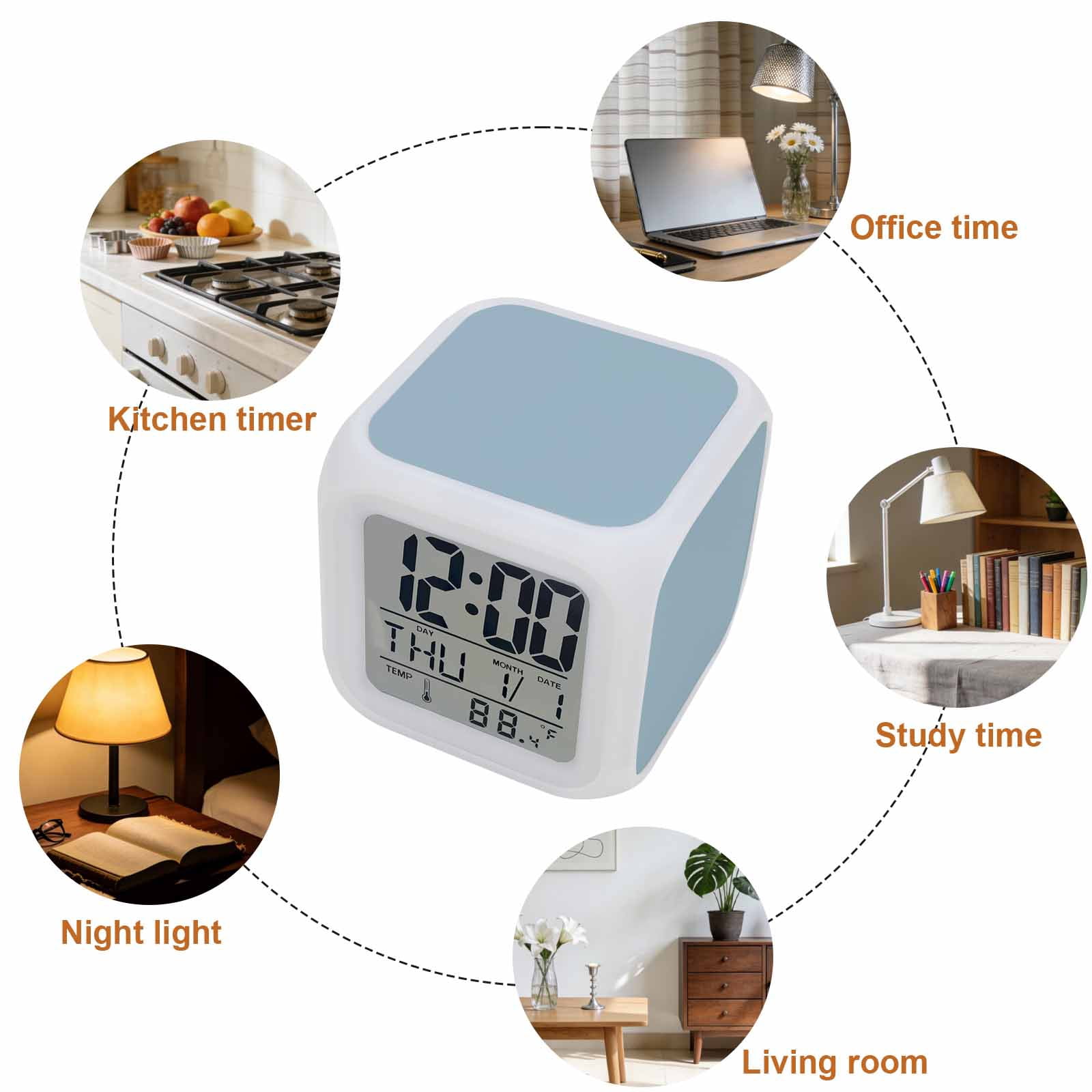 Sky Blue Digital Alarm Clock for Bedrooms, Smart LED Alarm Clock with 7 Color Changing Night Light, Modern Pure Winter Sky Blue Silent Wake Up Clocks for Sleep Study Cooking 3.2"x3.2"