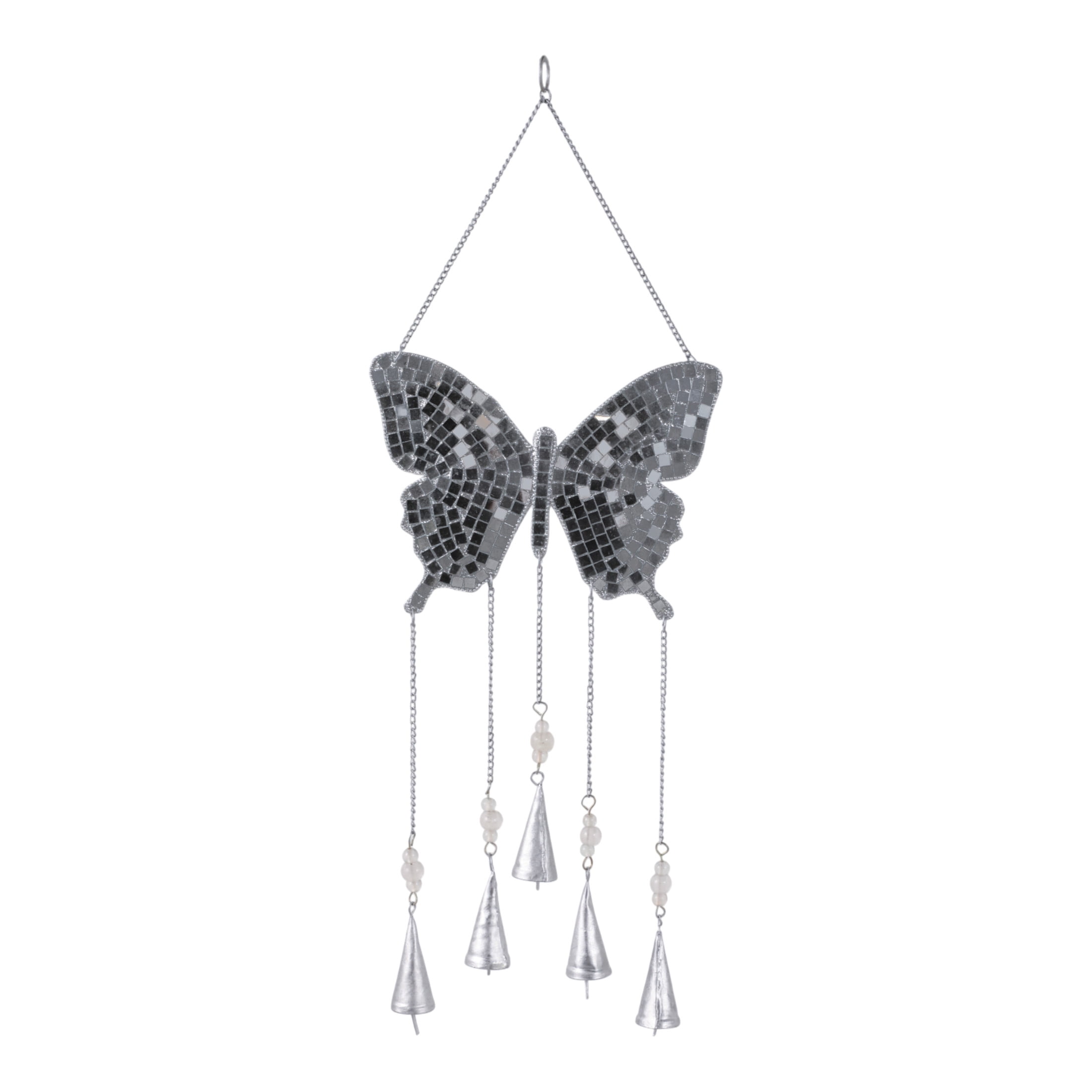Butterfly Wind Chime with Hanging Bells - Metal & Glass Mosaic Design - Outdoor & Indoor Decorative Wind Bell - Soothing Garden Decor for Patio, Balcony & Home - 26" Silver Metallic