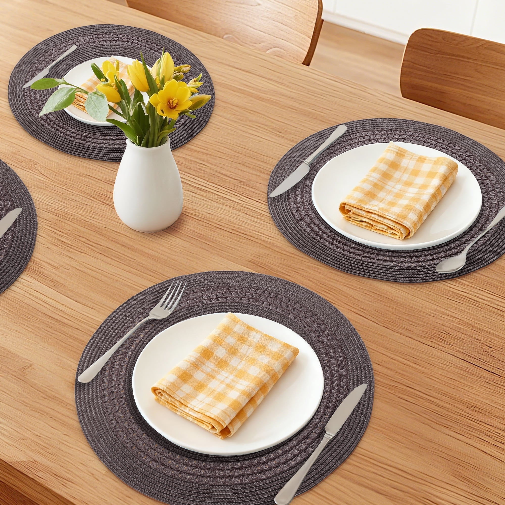 Unique Bargains Farmhouse Round Placemats Set of 6 Woven Placemats Caramel