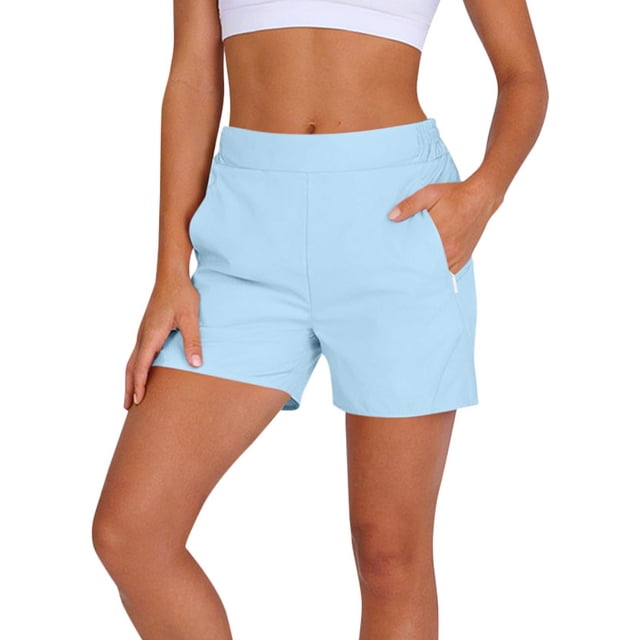 Pantalones Cortos de Cintura Elástica Mujeres Moda Color Sólido Deportes Cremallera Casual Bolsillo Falso Pantalones Cortos de Dos Piezas