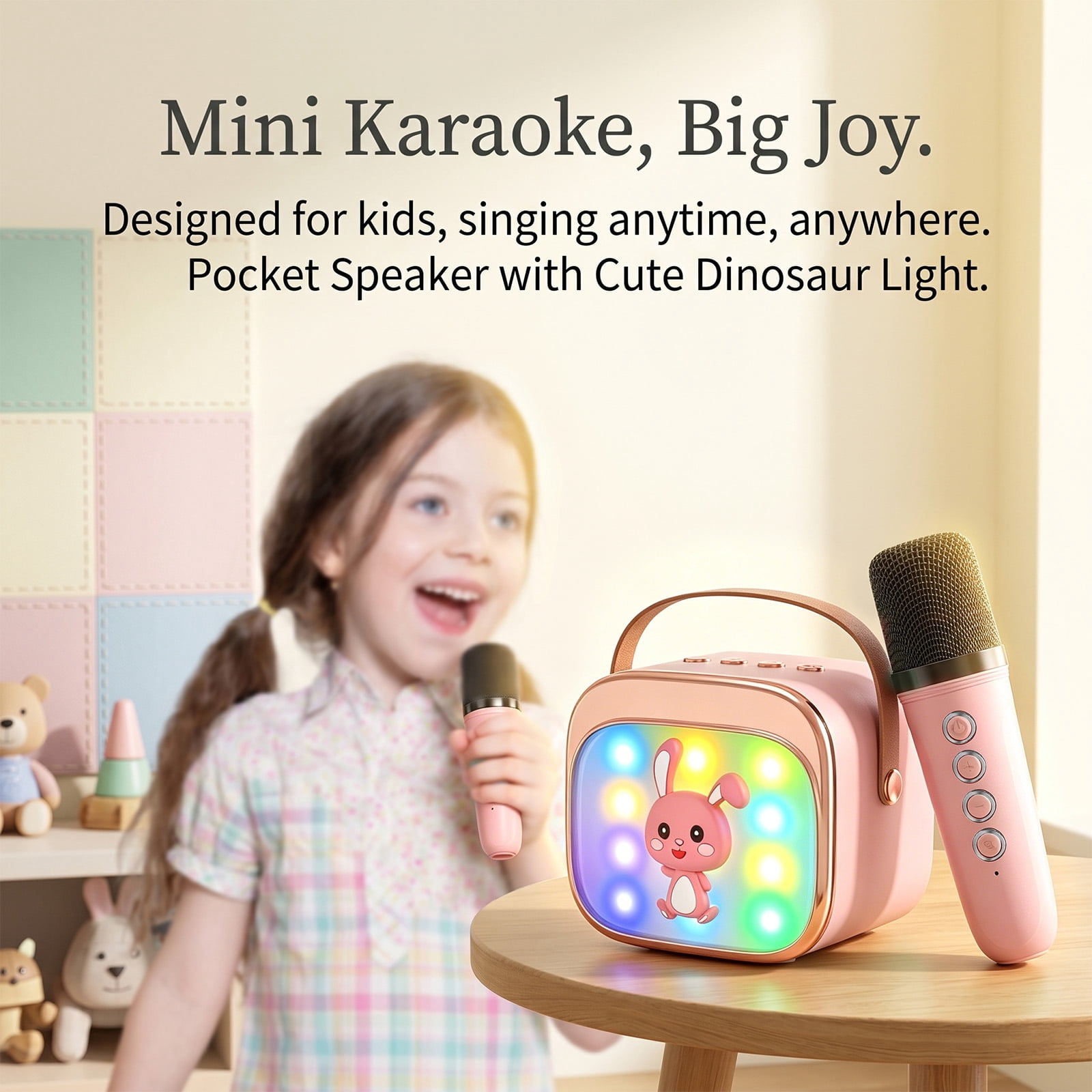 Rirool Kids Karaoke Machine with 2 Wireless Microphones, Bluetooth Karaoke Speaker with LED Lights, Voice Changer & Portable Party Toy for Boys & Girls, Pink