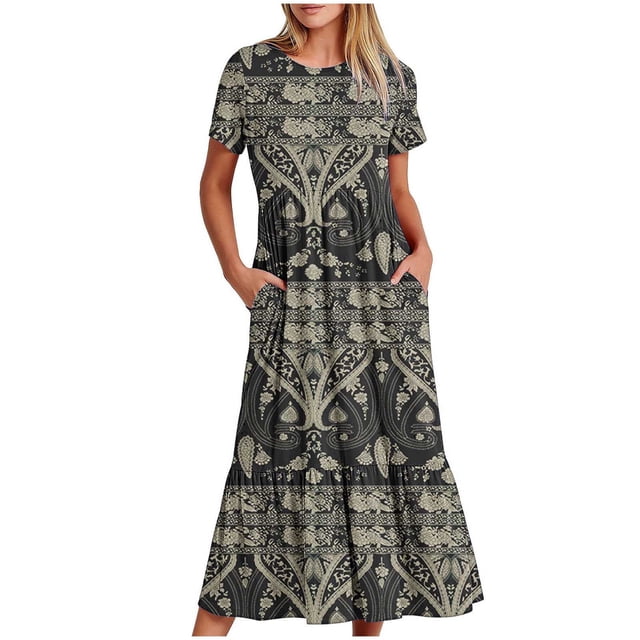 Dvkptbk Robes d'Été pour Femmes 2024 Mode Décontractée Bohème à Fleurs Robes de Plage Manches Courtes Col Rond Robe d'Été Fluide Maxi Robe de Plage Longue Robe Midi de Plage avec Poches P-2TG