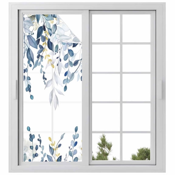 Reusable Frosted Window Coverings, Teal Blue Eucalyptus Leaves Window Privacy Film Frosted, Farmhouse Botanical Watercolor Sun Blocking Windows Stickers for Kitchen Front Door, 23.6 x 59 Inches