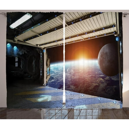 Outer Space Decor Curtains 2 Panels Set, Earth Scene from a Space Plane Runway Gate Globe Galaxy Up to Stars Picture, Window Drapes for Living Room Bedroom, 108W X 90L Inches, Multi, by