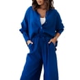 thumbnail image 3 of Women Pleated 2 Piece Outfit Loungewear Pants Set Long Sleeve Button Down Blouse Shirt Palazzo Pants Suit Streetwear, 3 of 8