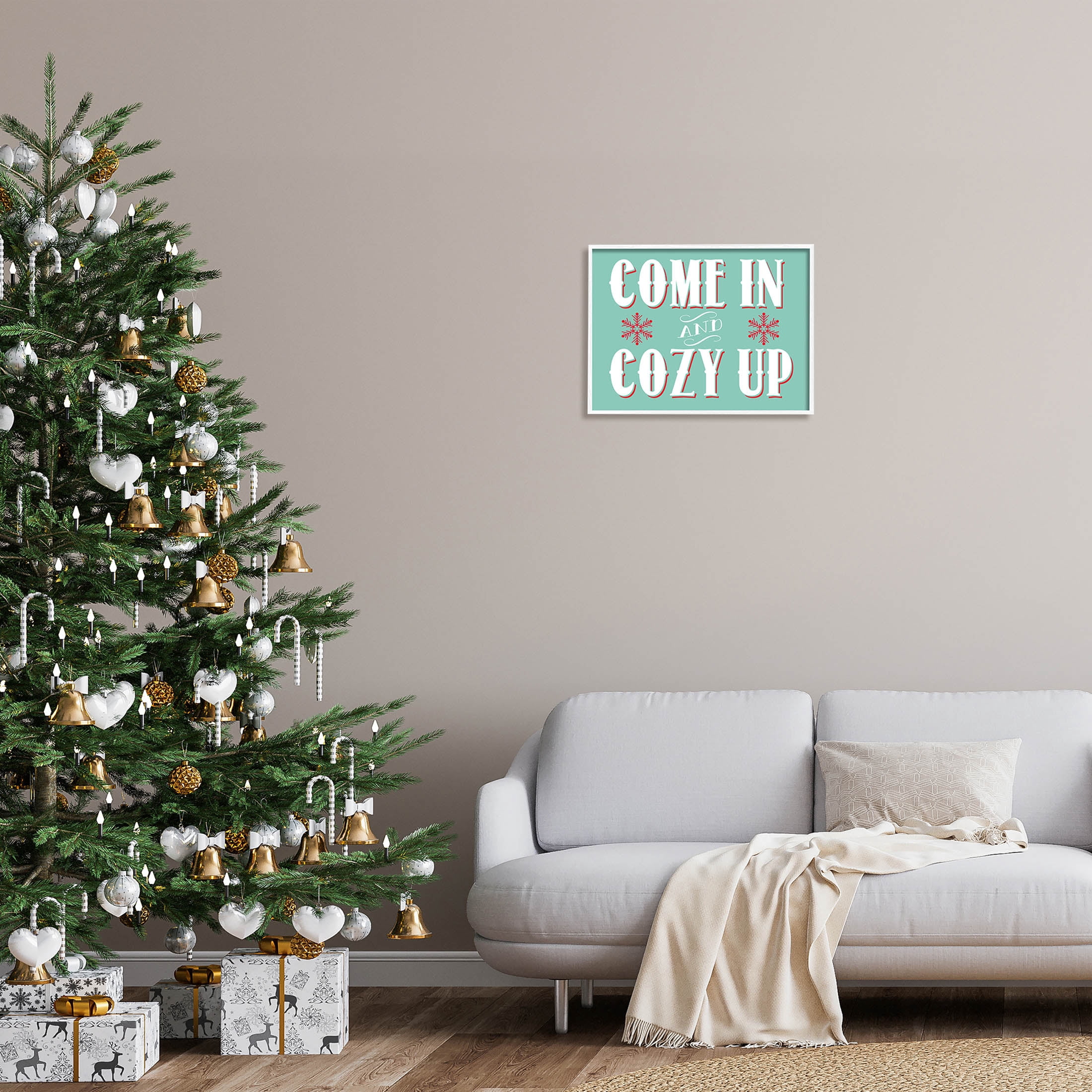 Come In & Cozy Up Snowflake Phrase Holiday Graphic Art White Framed Art Print Wall Art