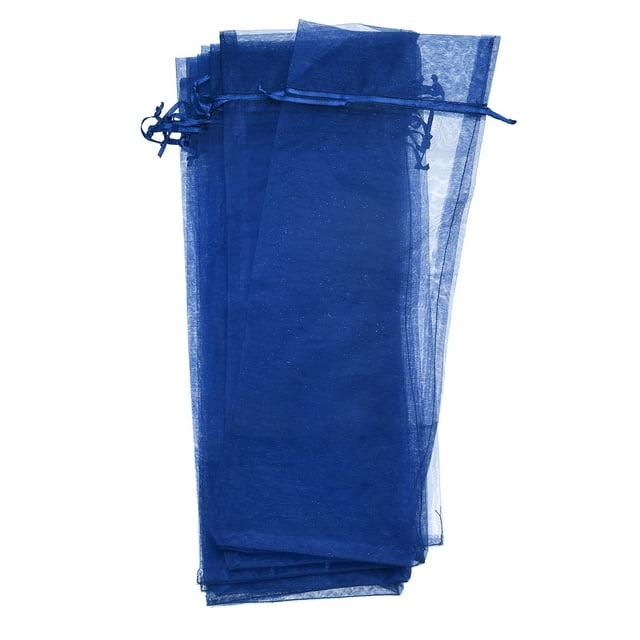 Bolsas de vino de organza, paquete de 12, 14.5 x 5.5 pulgadas, bolsas de envoltura de malla azul con cordón